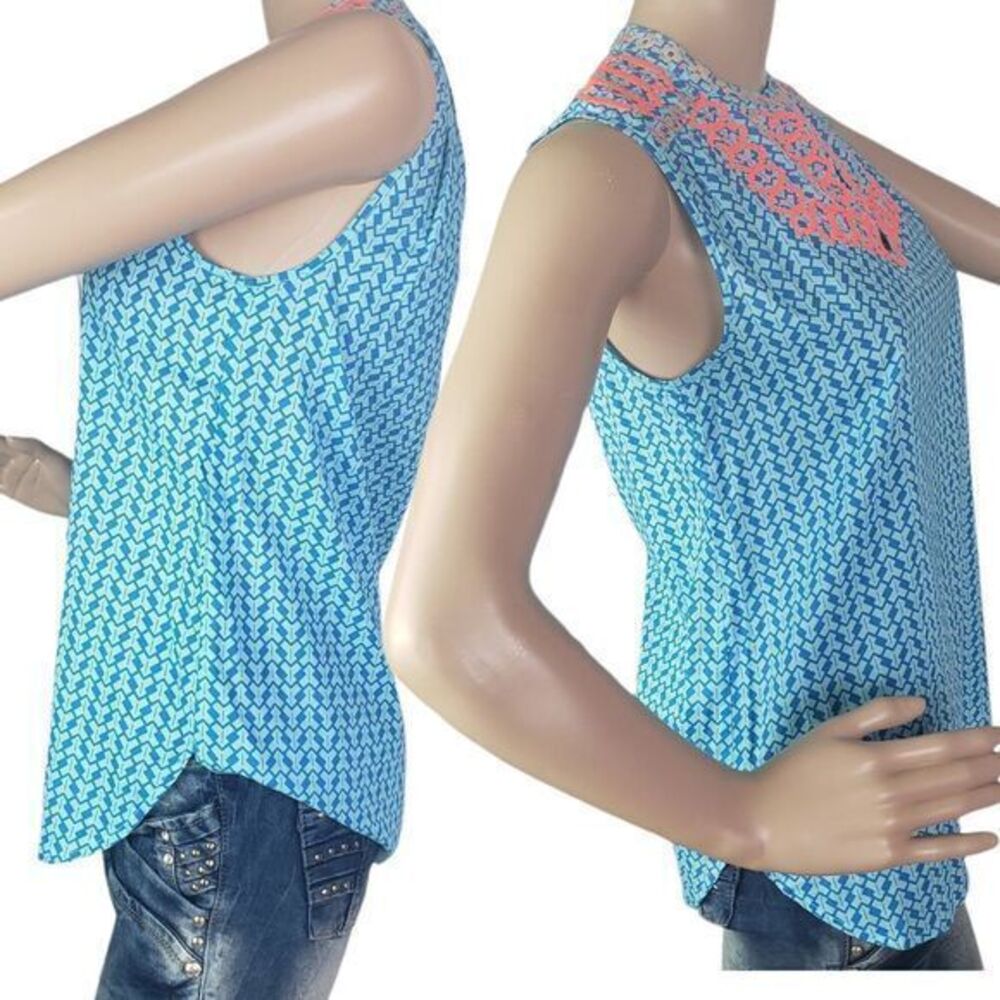 J- Crew‎ Sleeveless Blue Blouse Size 00 V neck embroidered Adult Women's